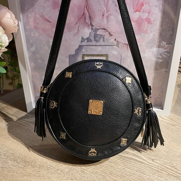 MCM Handbags - MCM Black Round Crossbody Bag with Gold Details Rare 8x8” purse handbag luxury